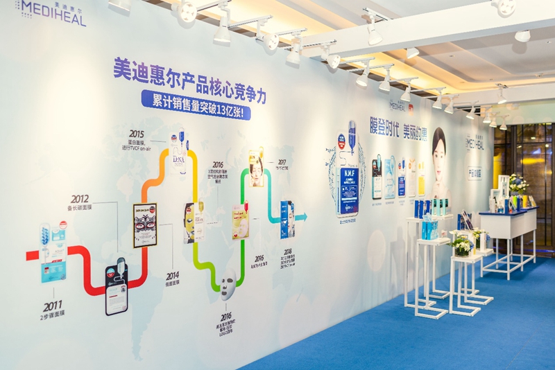 美迪惠尔发布会外场的品牌发展历程墙及产品陈列试用区 美迪惠尔发布会外场的品牌发展历程墙及产品陈列试用区