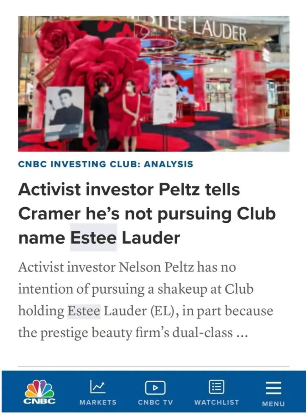 Activist investor Peltz tells Cramer he's not pursuing Estee Lauder